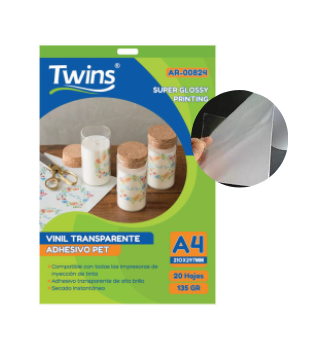 TWINS PAPEL VINIL TRANSPARENTE FOTO ADH PET A4 SUPER GLOSSY PRINTING PQTX20HJS AR-00824