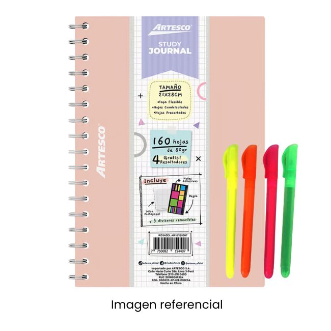 ARTESCO CUADERNO ANILLADO STUDY JOURNAL 160H 80GR + 4 RESALT ROSADO