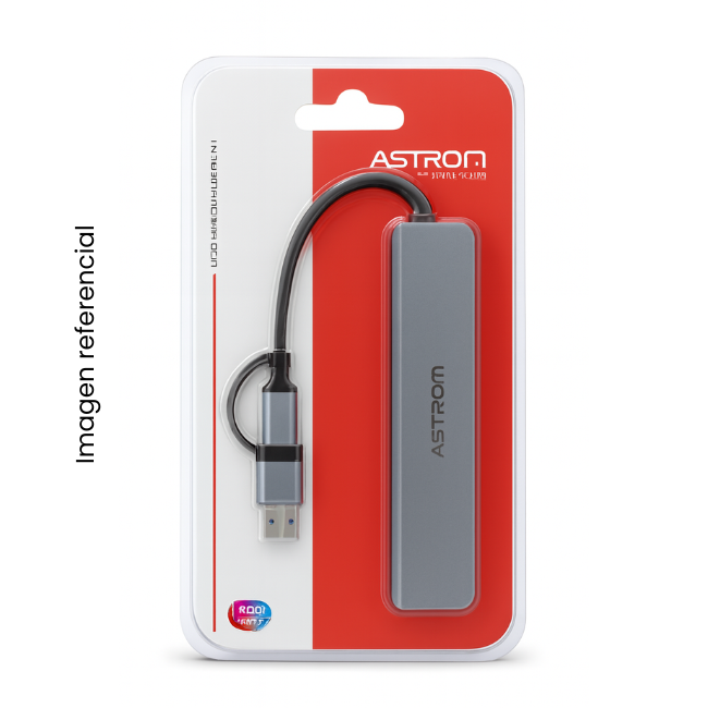 ASTROM HUB USB MH2381 8EN1 TYPE-C+USB3.0+3XUSB2.0+SD+mSD+3.5mm JACK NEGRO