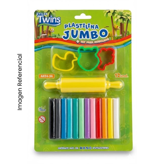 TWINS PLASTILINA JUMBO X 12 COLORES + SET DE MODELADO AR24-36