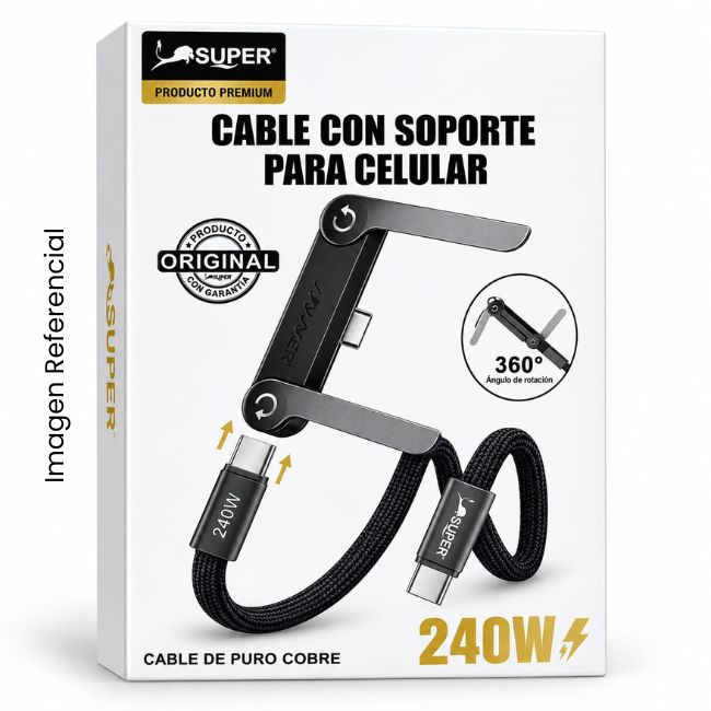 SUPER CABLE DATOS TIPO C A TIPO C 240W CON SOPORTE PARA CELULAR