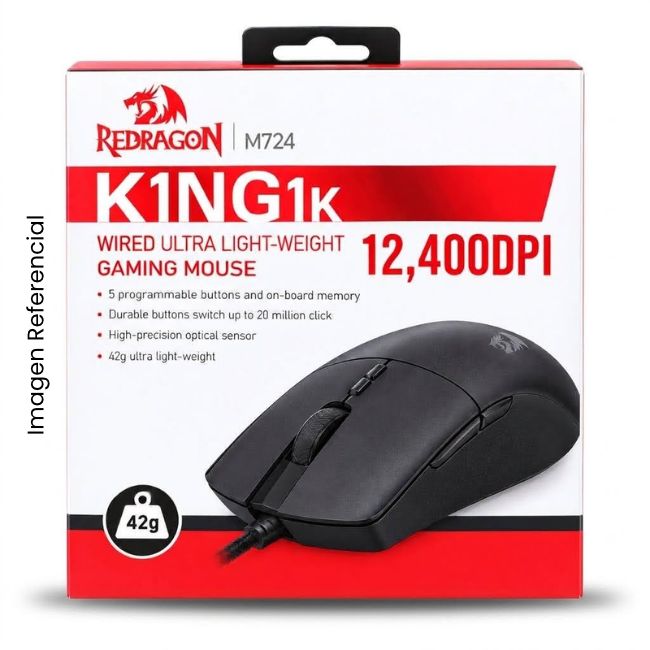 REDRAGON MOUSE K1NG M724 NEGRO 12400DPI 1000HZ 5 BOTONES PROGRAMABLES ULTRALIGERO